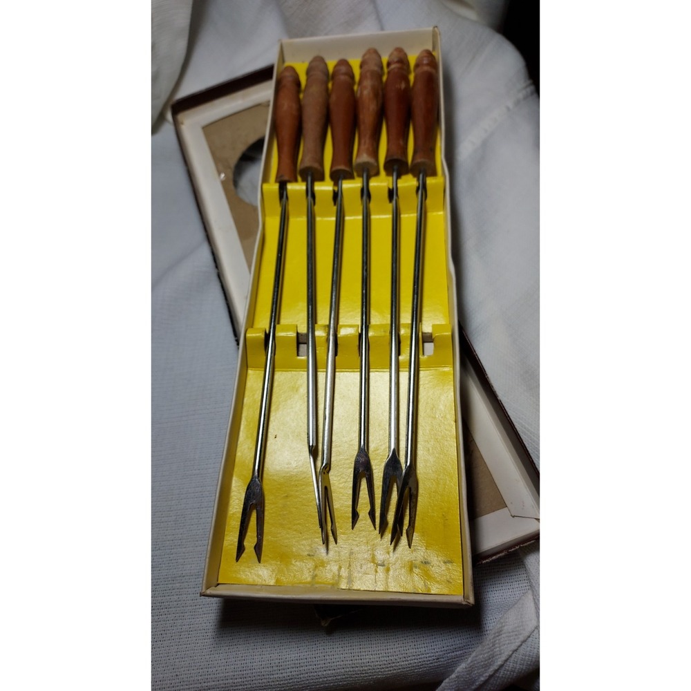 Vintage MCM STAINLESS STEEL Set of 6 FONDUE FORKS‎ w/Wooden Handles Original Box